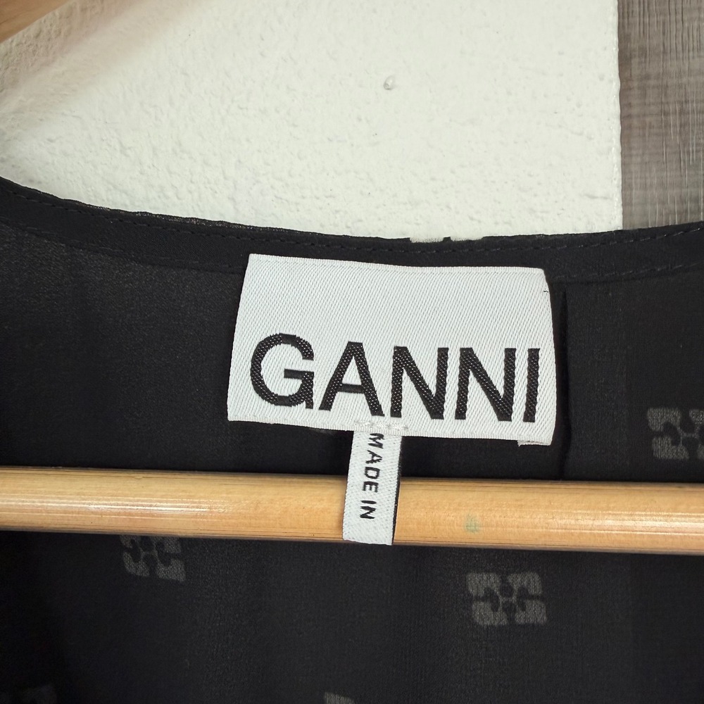 GANNI Black Pleated Georgette V Neck‎ Flounce Mini Dress Short Sleeve EU38 US6 - Picture 15 of 16